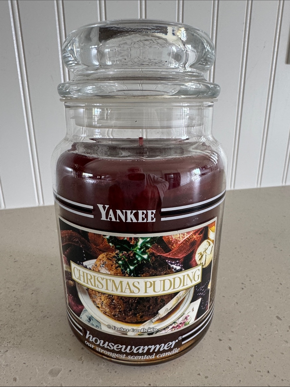 Yankee Candle Retired Black Band "CHRISTMAS PUDDING" Large 22 oz.WHITE LABEL~NEW